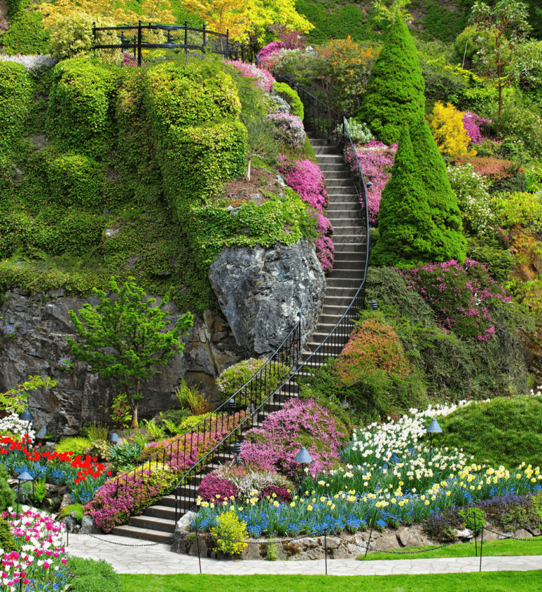 Winding stone staircase with iron railings in tranquil lush garden