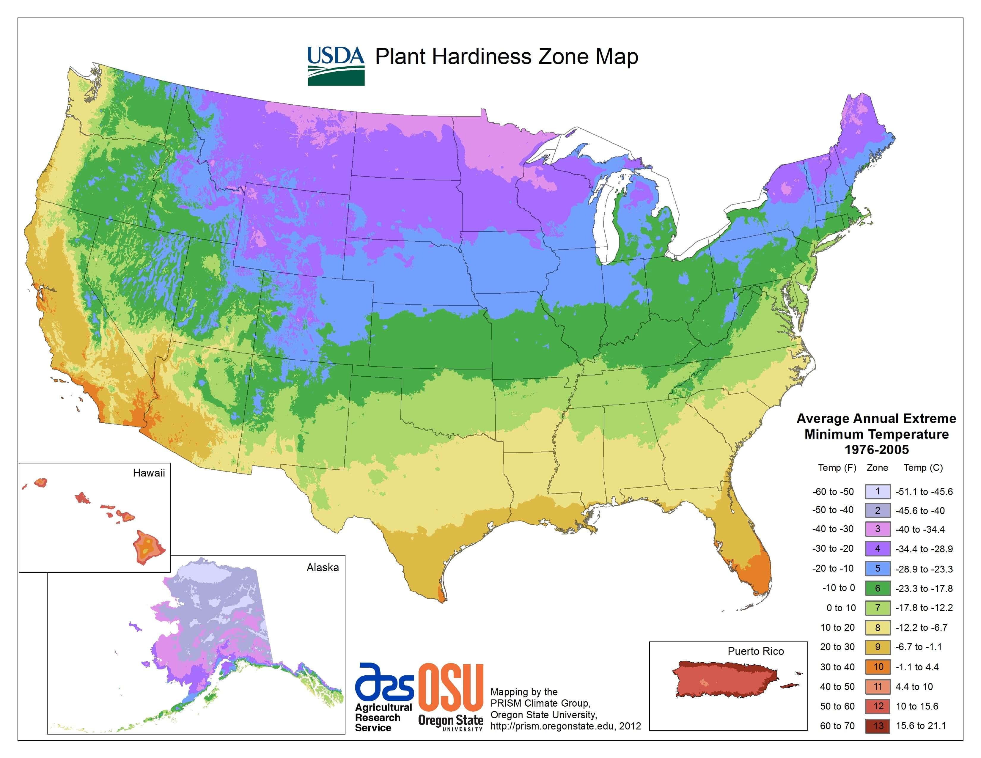 USDA plant hardiness zone map of US, 1976-2005 color-coded temps