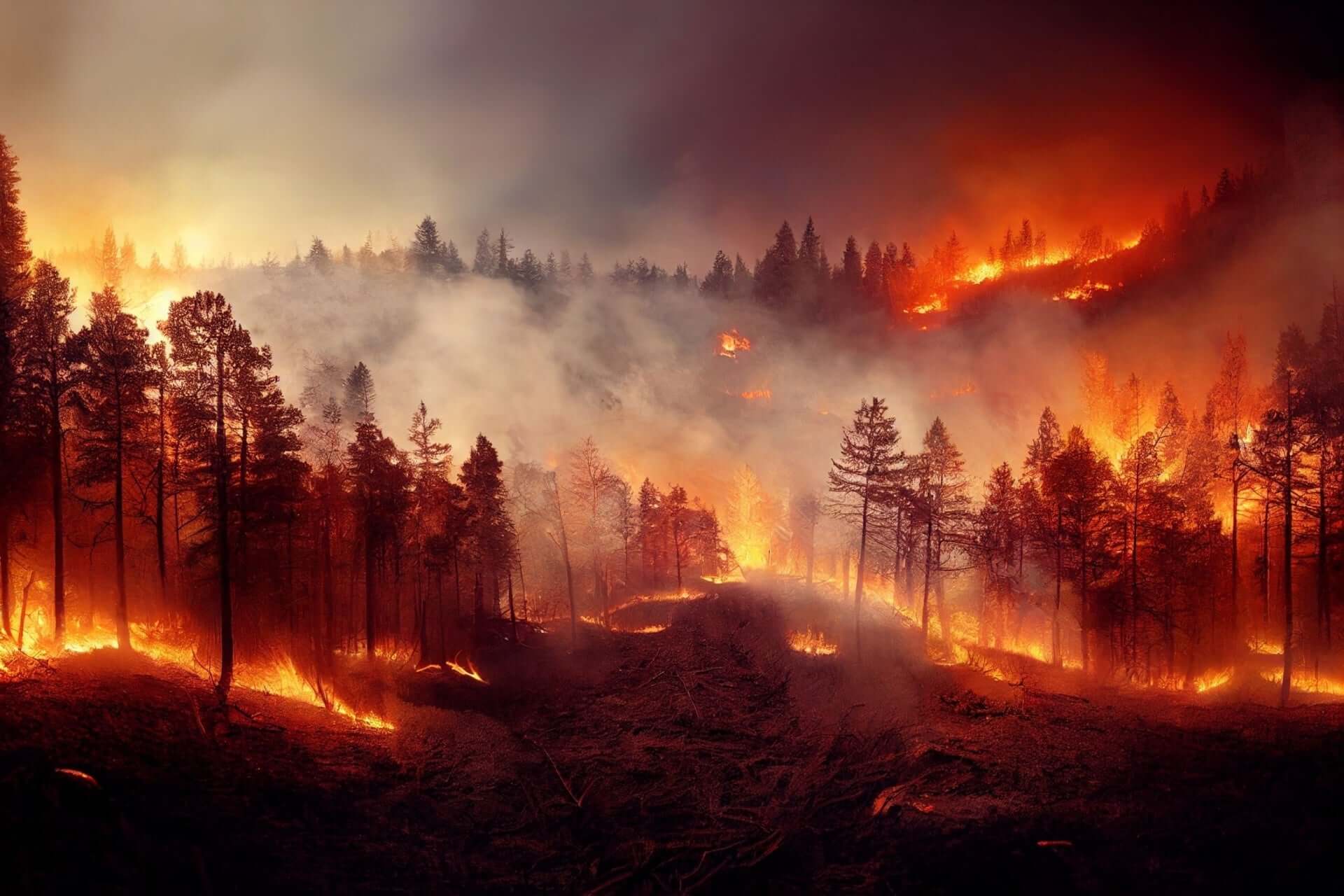 Raging forest fire consumes pine trees before gardening restoration