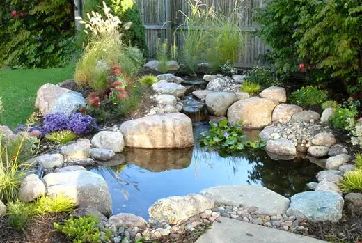 Tranquil simple home water garden pond with smooth stones and lush greenery