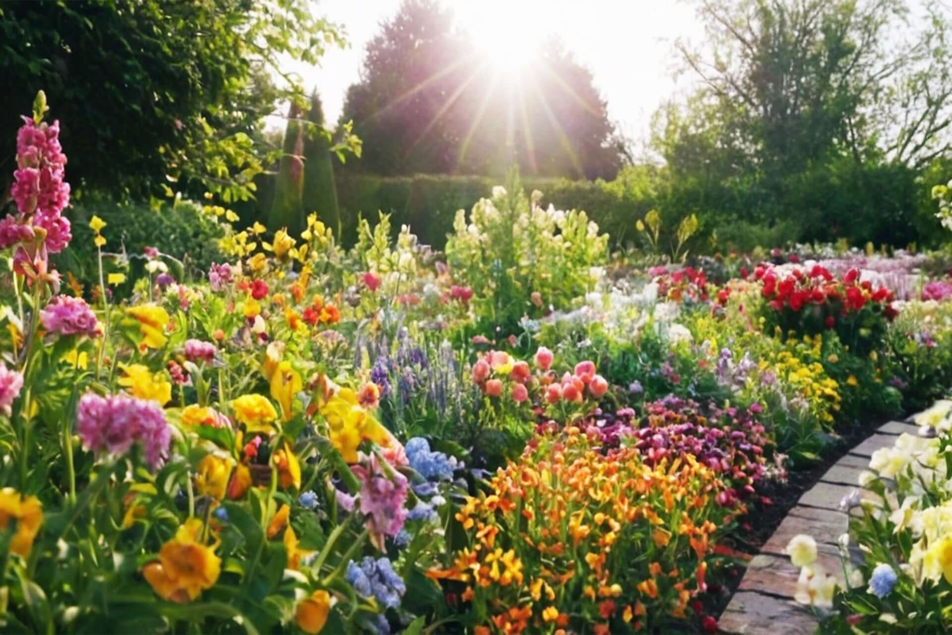 Vibrant sun-drenched garden of colorful flowers for successional planting