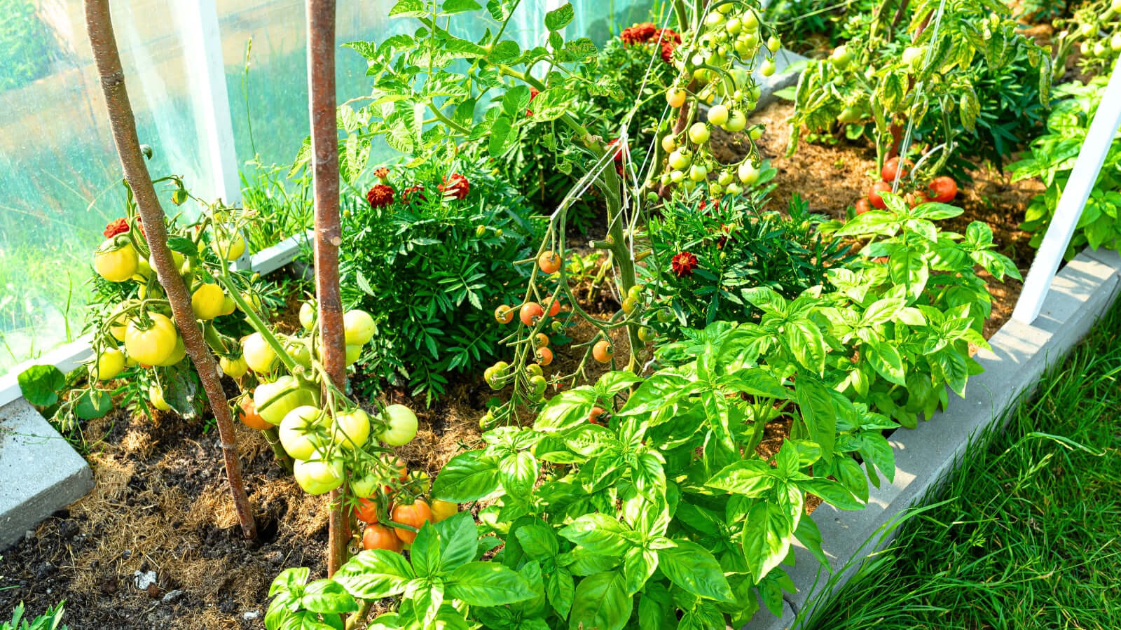 Lush basil and tomato vines thrive in organic sunlit greenhouse garden