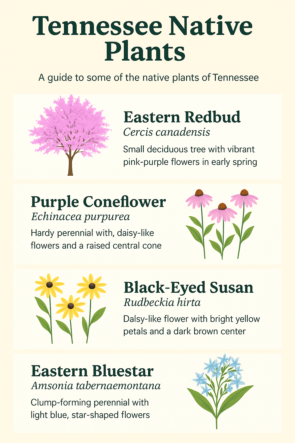 Eastern redbud tree with vibrant pink-purple flowers in Tennessee native plants guide