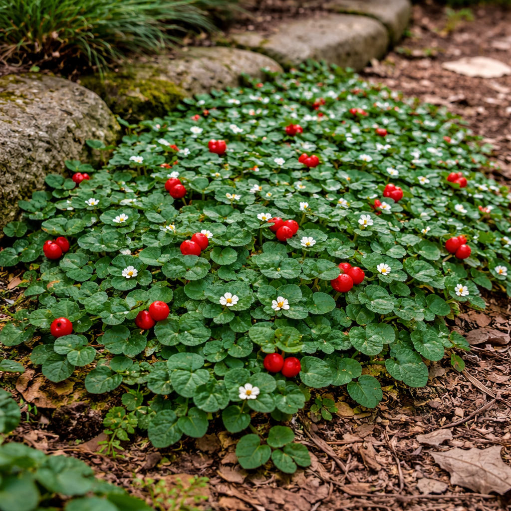 Vibrant creeping jenny with glossy green leaves, white flowers, red berries
