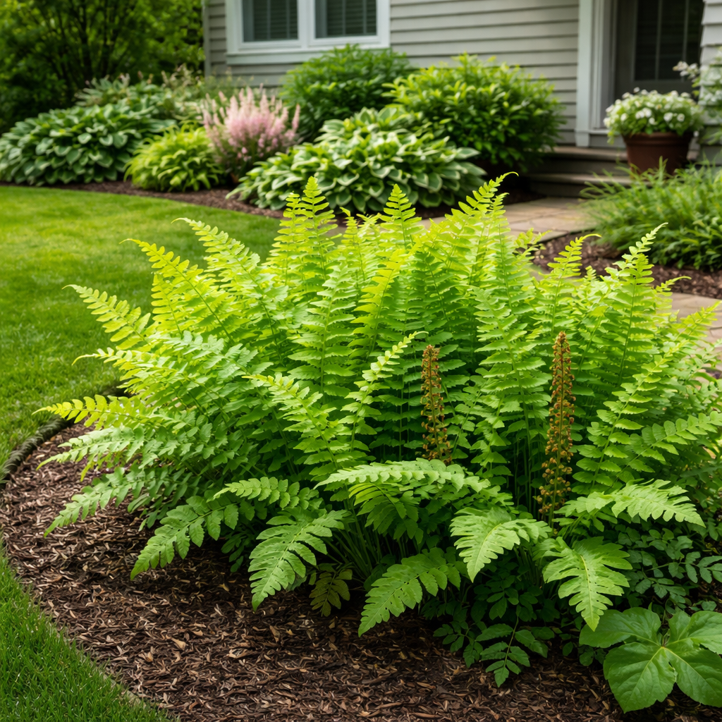 Lush green ferns with delicate fronds and tall spikes in shady moist garden bed