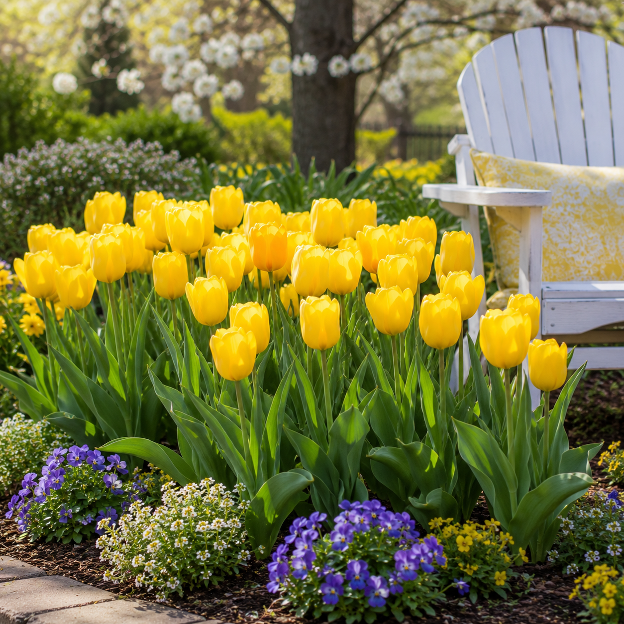 Vibrant yellow tulips with glossy petals and green stems, spring perennial