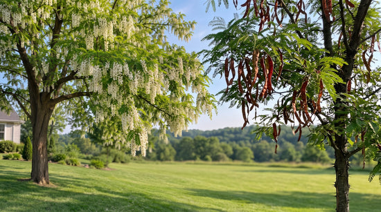 A flowering black locust with white blossom clusters beside a feathery honey locust with long twisted pods at a field edge