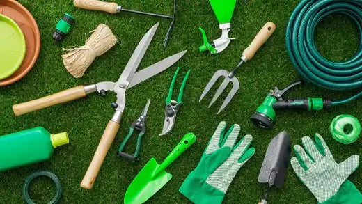Green and black garden tool set with wooden handles for maintenance