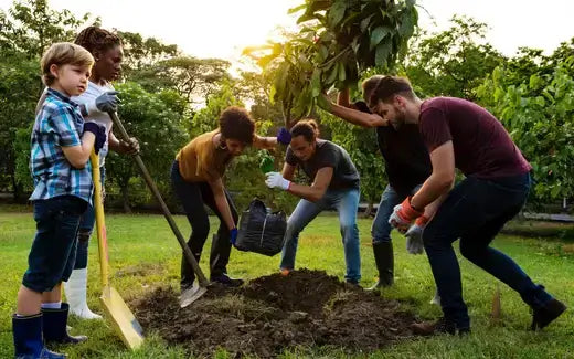 Children and adults planting tree in garden seasonally