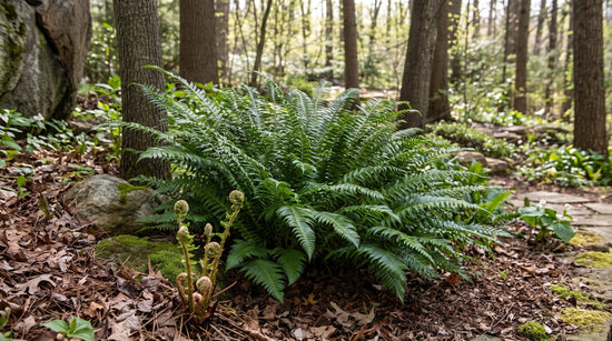 Christmas fern with feathery green fronds growing in a shaded woodland garden beneath tall trees