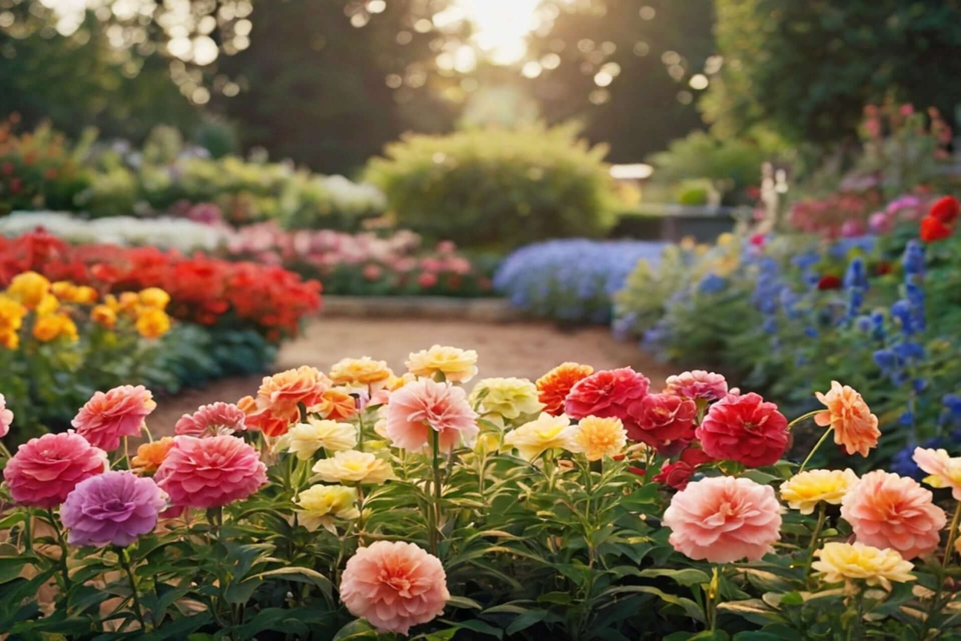 Vibrant peonies in pinks, reds, yellows bloom along garden path in sunlight