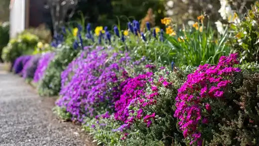 Vibrant purple and pink flowering ground covers lining gravel path in TN Nursery