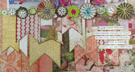 Scrapbook page with pastel floral banners, earthy embellishments, bunny figurine