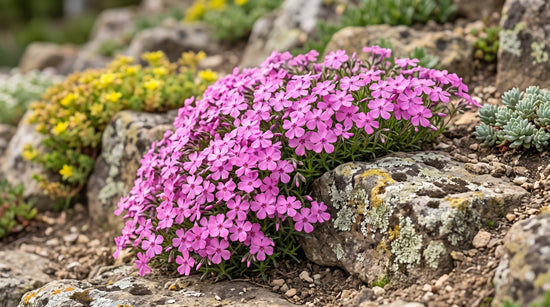 Moss phlox, Phlox subulata, in dense pink bloom cascading over a sunny stone wall