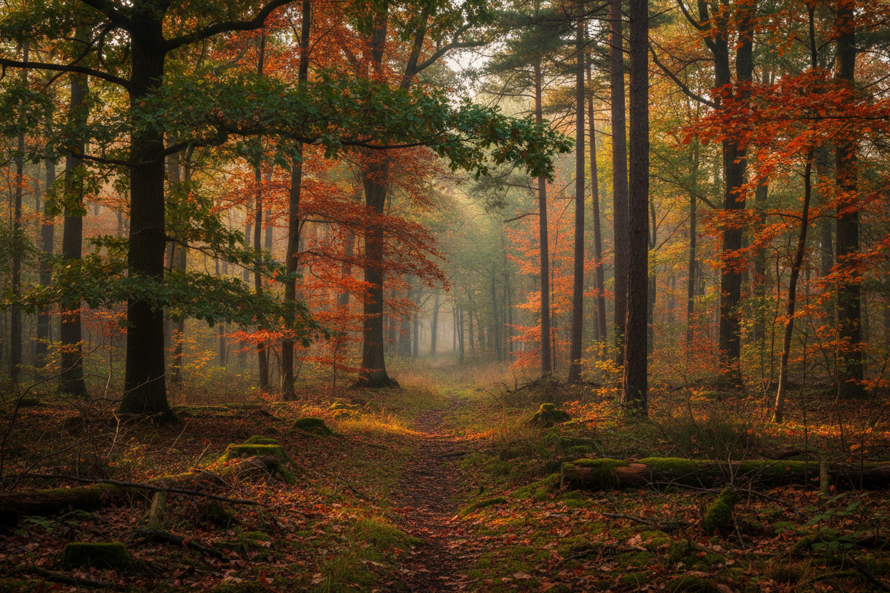 Misty autumn forest path of native trees with orange red green leaves