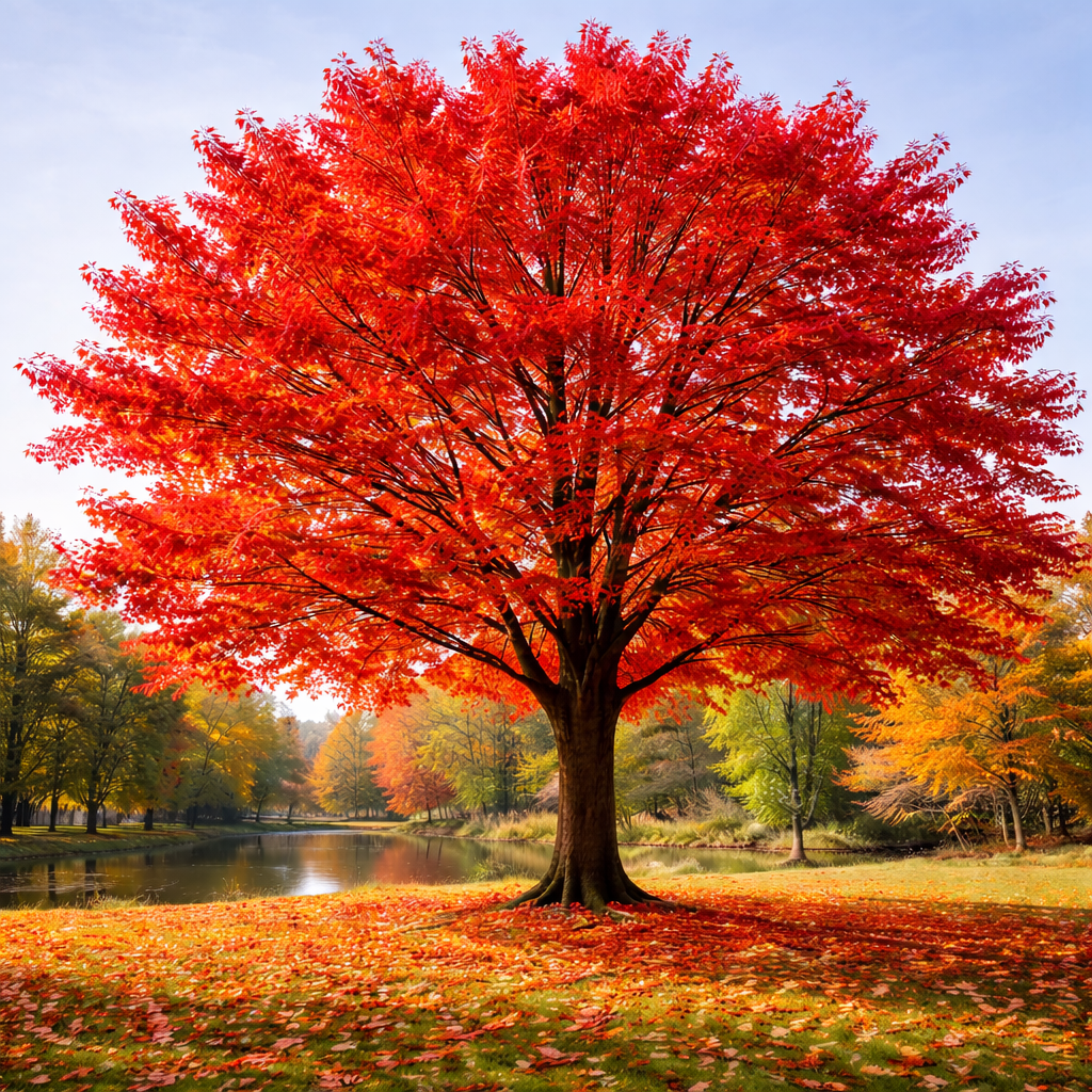 A majestic tree with vibrant red foliage stands tall beside a tranquil pond, its branches sprawling wide under a clear blue sky.