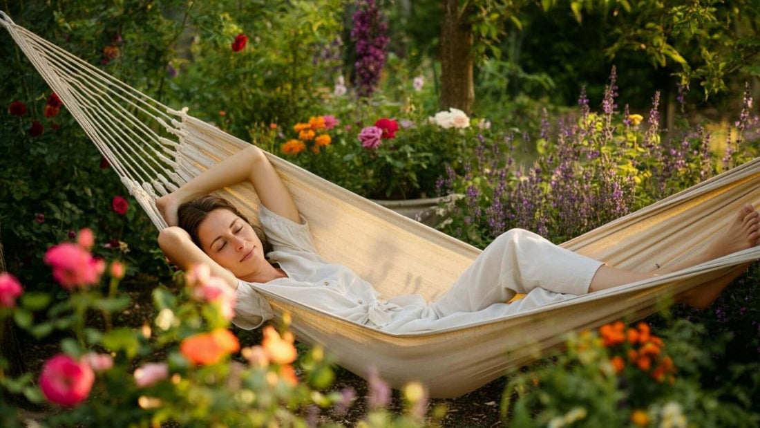 Beige woven hammock with cozy design for better gardening relaxation