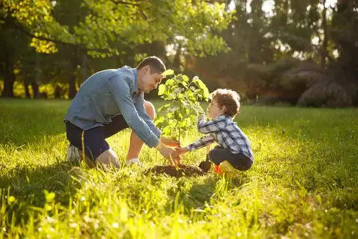 Young boy and adult plant Tennessee nursery sapling in plaid shirt yellow boots