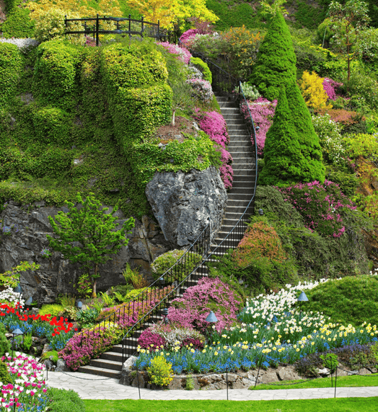 Winding stone staircase with iron railings in tranquil lush garden