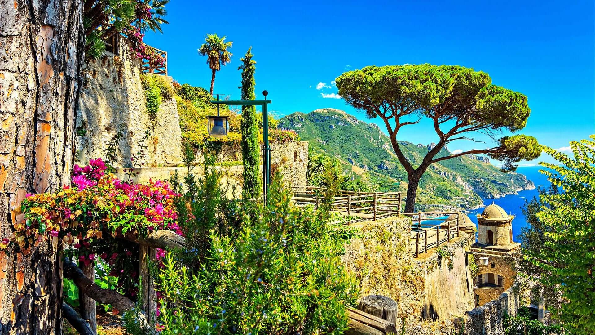 Stone pathway winds through lush greenery, pink flowers in crafted landscape