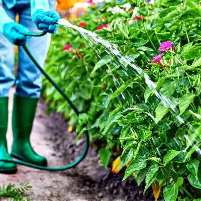 Green hose watering pink red flowers in lush veggie patch in summer heat