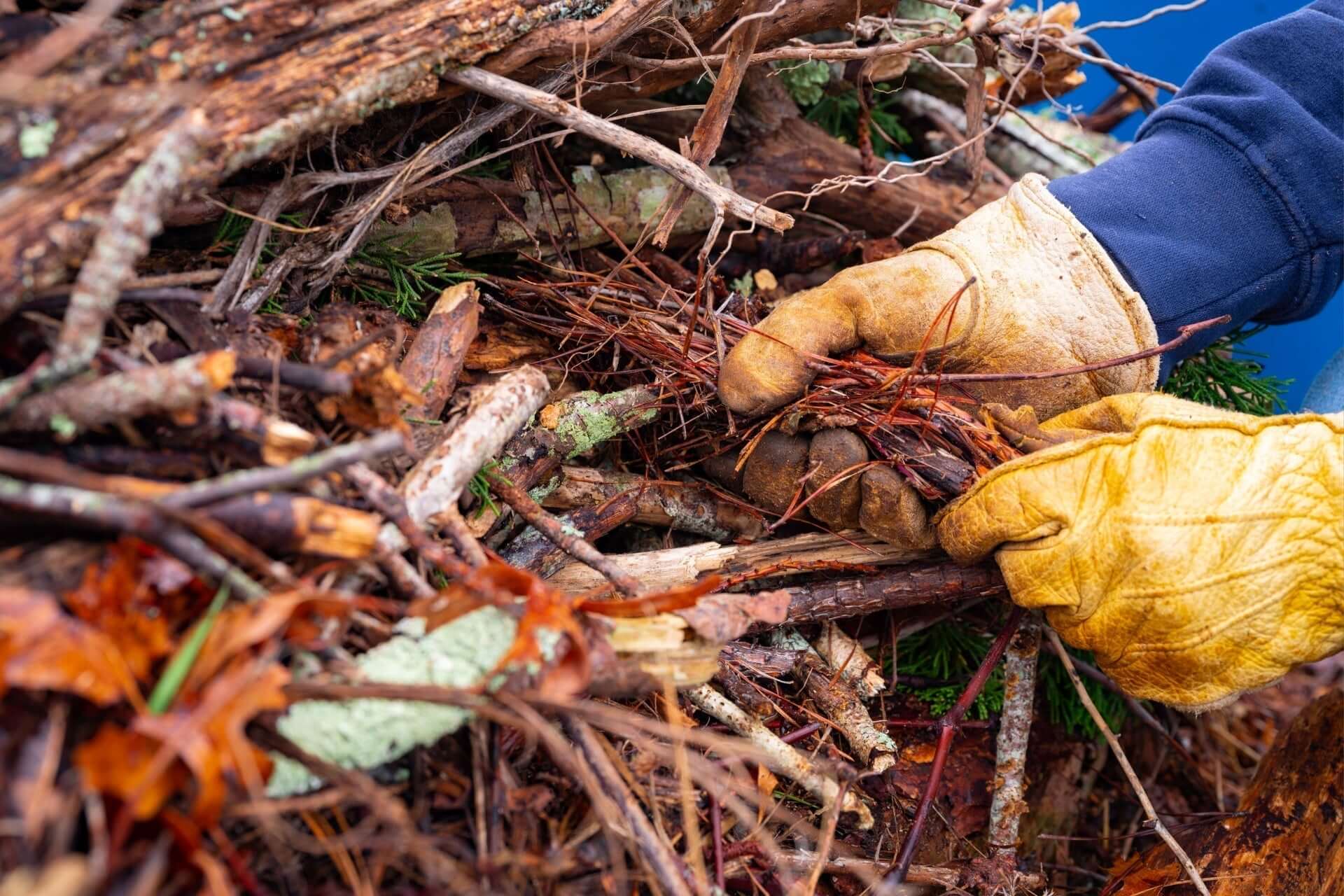 Worn tan leather work gloves with reinforced palms for timeless gardening
