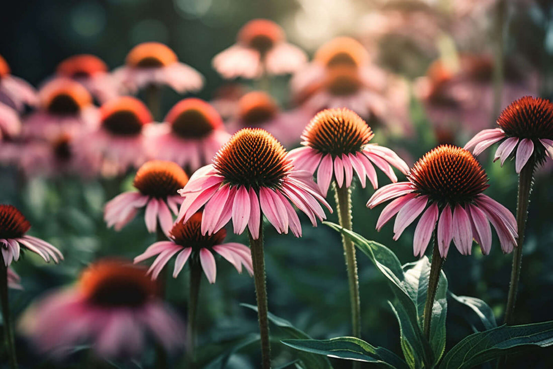 Pink coneflowers with spiky orange-brown centers on slender green stems