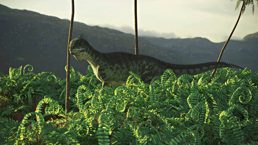 Green textured dinosaur with spiked crest amid rare native ferns