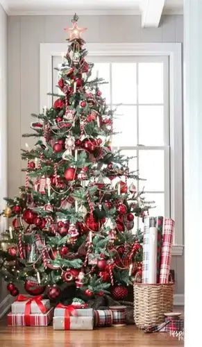 Lush live Christmas tree for home with red gold ornaments, lights, star topper