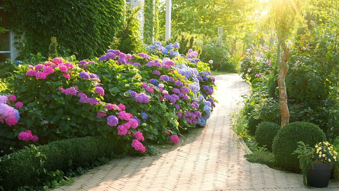 Vibrant hydrangea bush with pink, purple, blue blooms for pollinator gardens