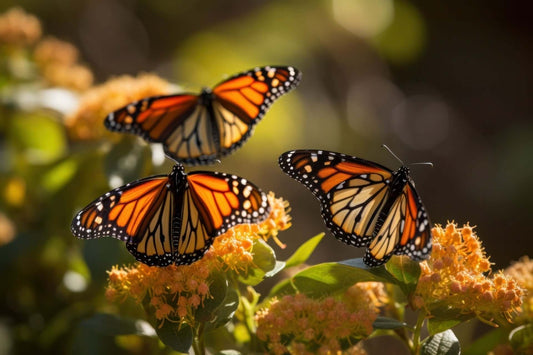 Three monarch butterflies on yellow flowers for pollinator gardens