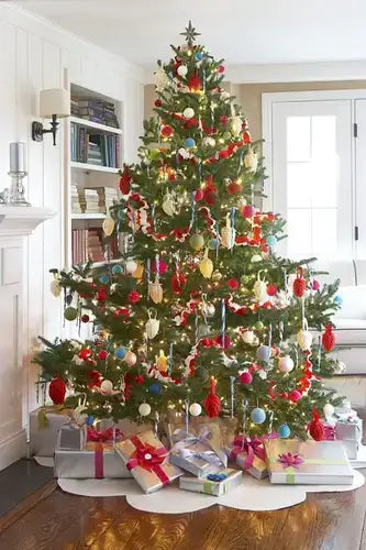 Lush cedar Christmas tree with red gold blue ornaments and lights