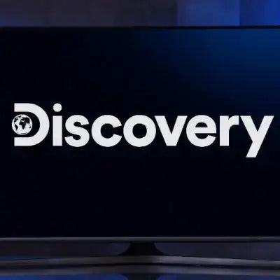 Black TV screen with Discovery logo and globe icon