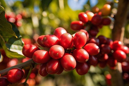 Ripe glossy red coffee cherries clustering on branch