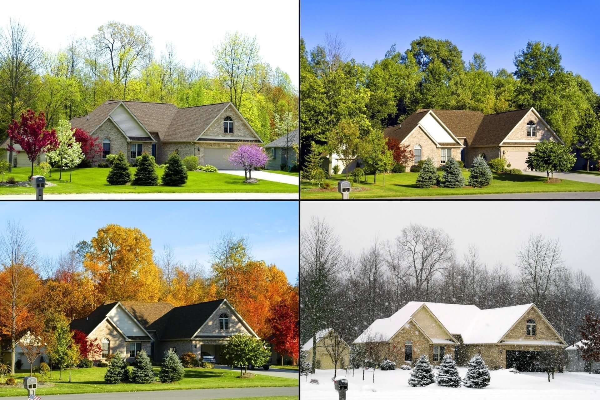 Four Seasons Landscaping: beige stone shingle house with gabled roof in all seasons