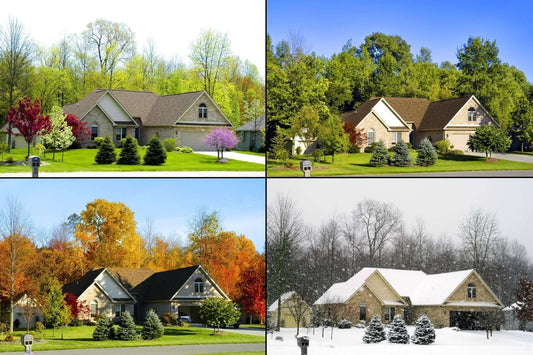 Four Seasons Landscaping: beige stone shingle house with gabled roof in all seasons