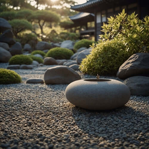 Smooth gray stone basin in tranquil Japanese garden