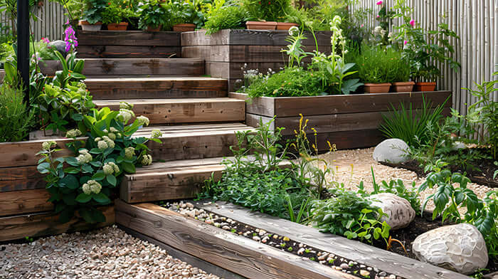 Rustic wooden garden steps with planters and gravel paths