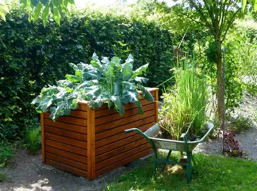 Popular wooden raised garden bed with vertical slats and green plants