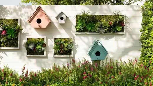 Colorful geometric birdhouses with greenery for vertical gardening