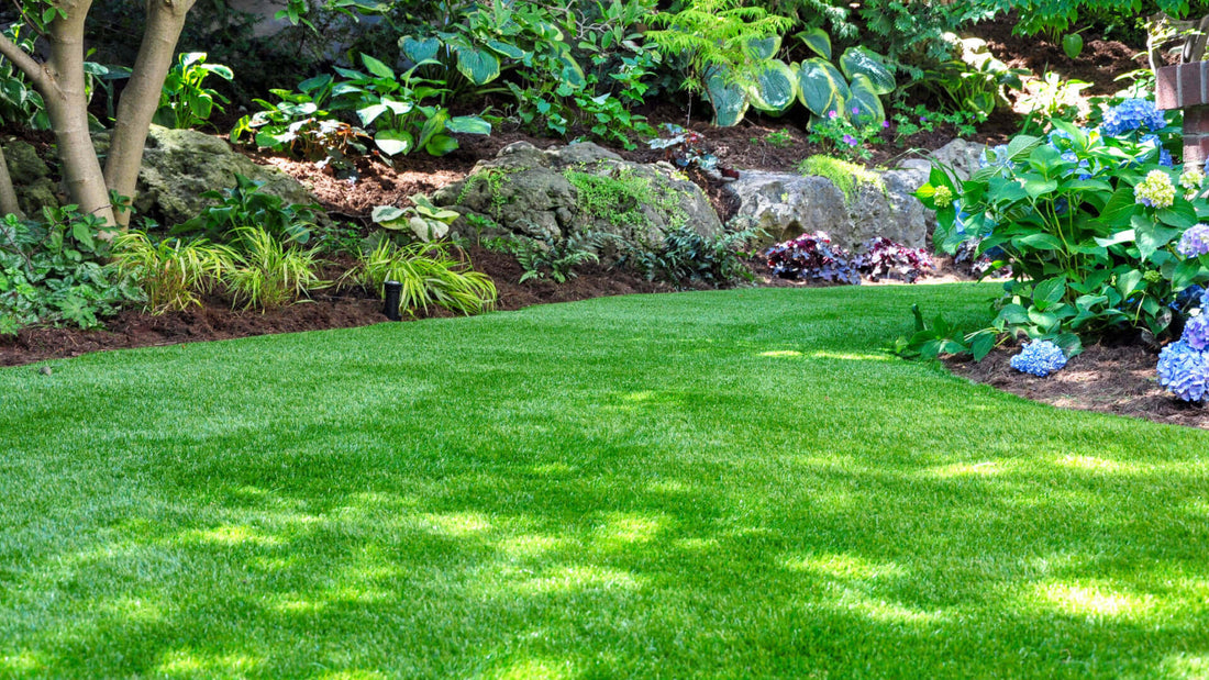 Lush green artificial grass for shady areas with soft uniform texture