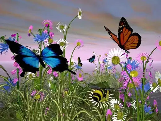 Vibrant blue black butterfly on wildflowers in butterfly garden