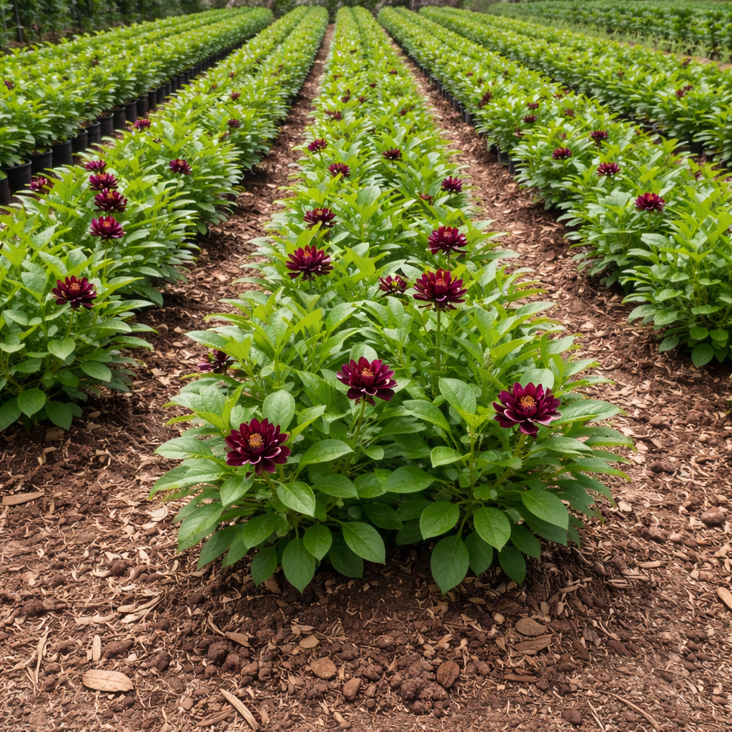 Rows of deep burgundy dahlias with lush green foliage in TN Nursery garden bed