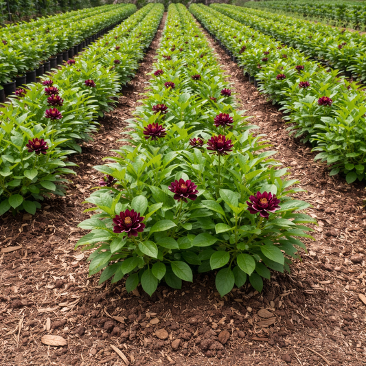 Rows of deep burgundy dahlias with lush green foliage in TN Nursery garden bed