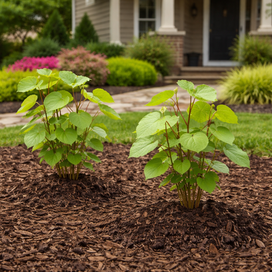 Two vibrant green heart leaf plants with red stems in TN Nursery wood chips bed