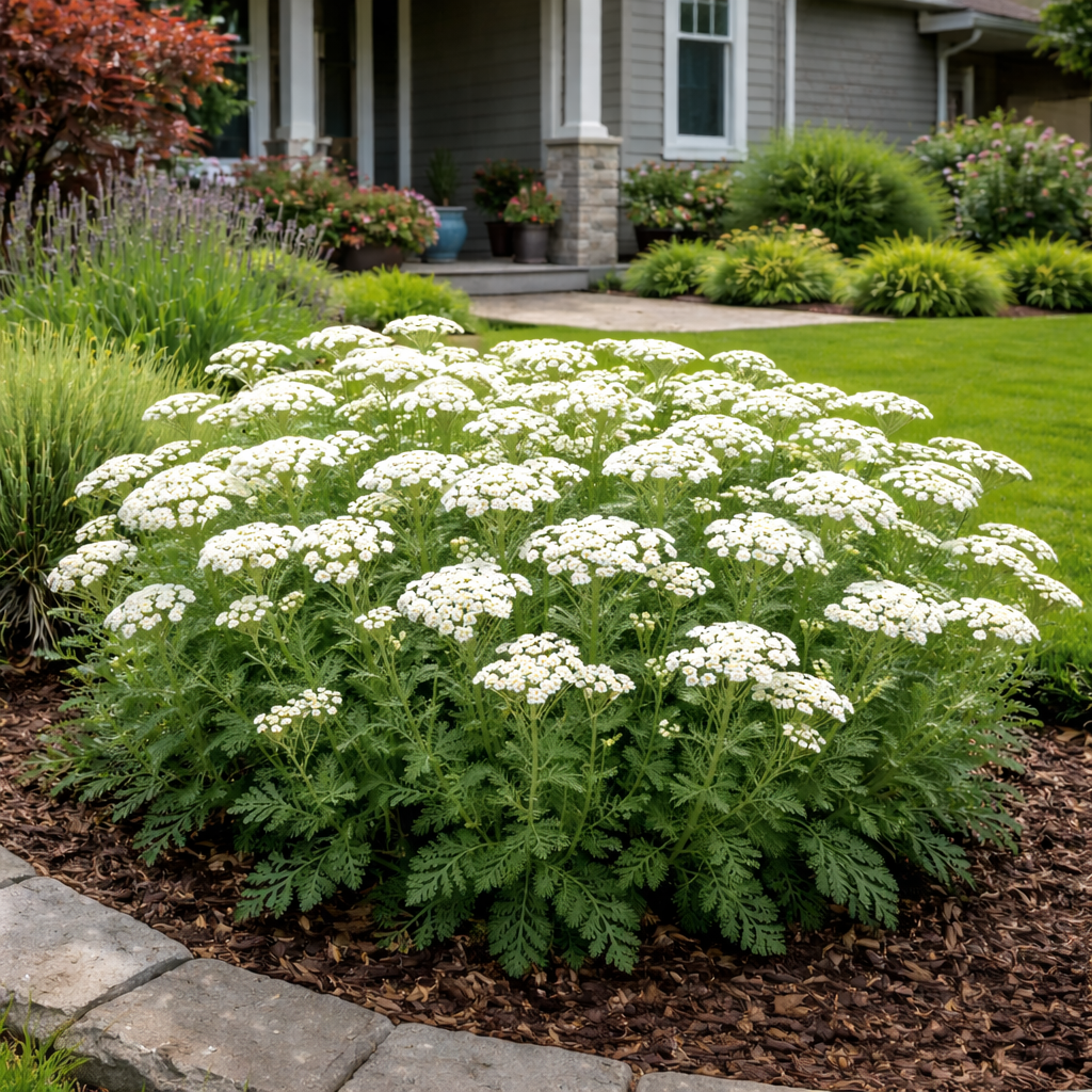 Lush white yarrow with feathery green leaves for Tennessee gardens