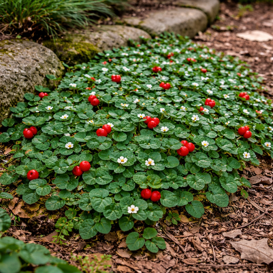 Vibrant creeping jenny with glossy green leaves, white flowers, red berries
