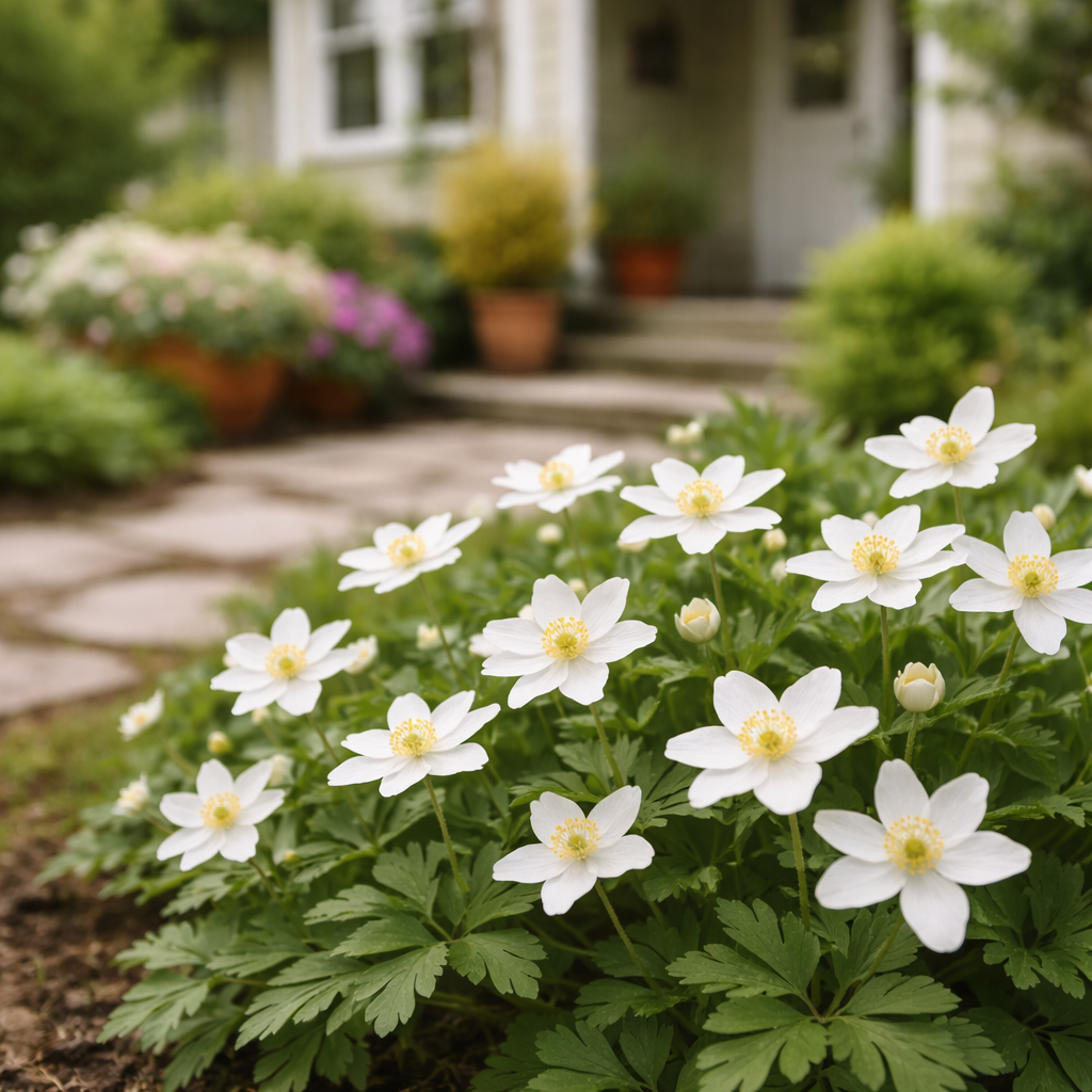 Delicate white anemone flowers with yellow centers from TN Nursery garden