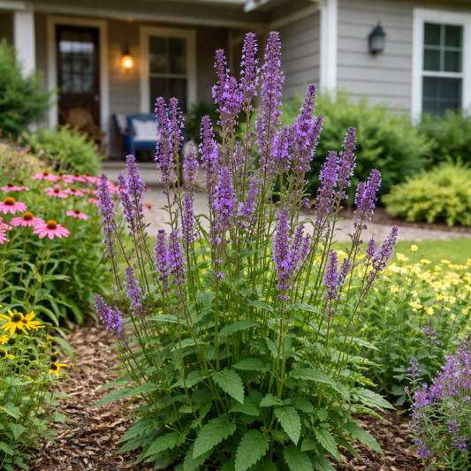 Vibrant purple salvia with coneflowers and daisies regenerating ecosystems