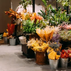 Vibrant orange yellow floral arrangement in rustic wooden basket at local plant nursery